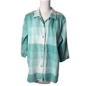 Vintage Allison Daley Green Plaid 3/4 Sleeve‎ Button Up Blouse Women’s Size 14